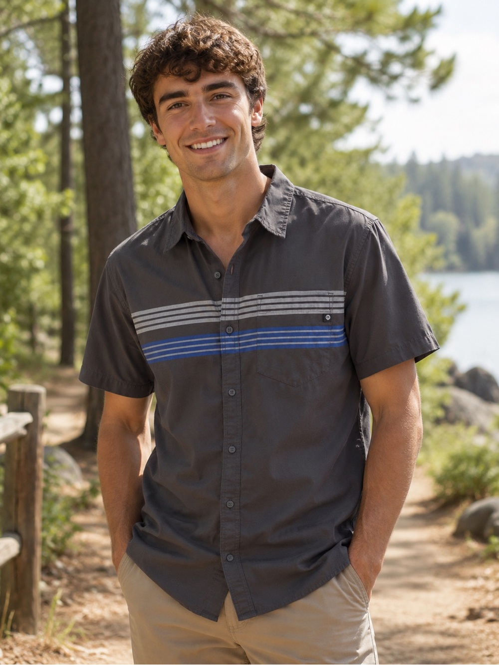 Marmot Charcoal Short Sleeve Button-Down with Blue and Gray Stripes